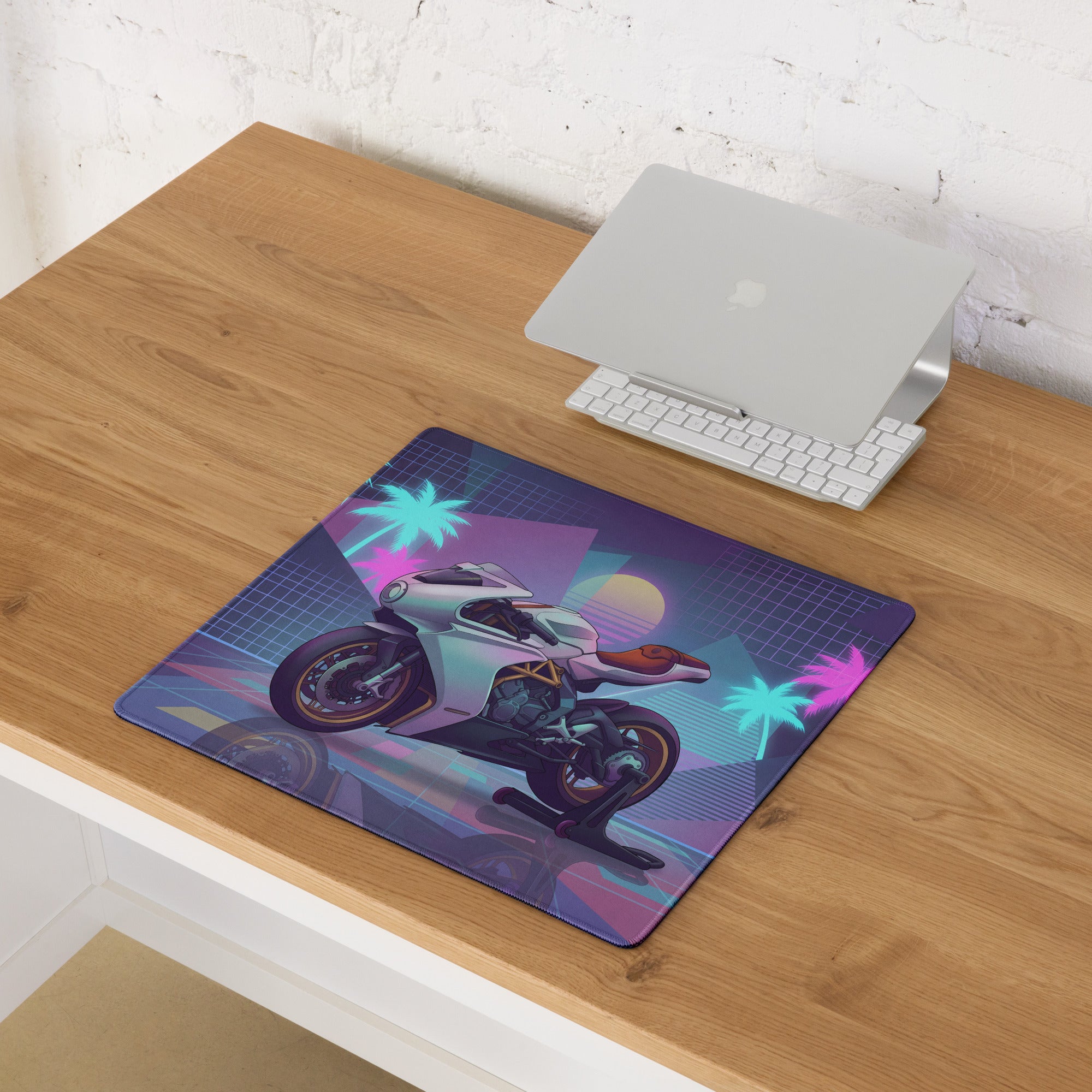 MV Agusta Superveloce 800 Inspired White Gold Vaporwave Gaming Mouse Pad – Neon Palm Sunset Desk Mat, Retro Futuristic Café Racer Digital Art