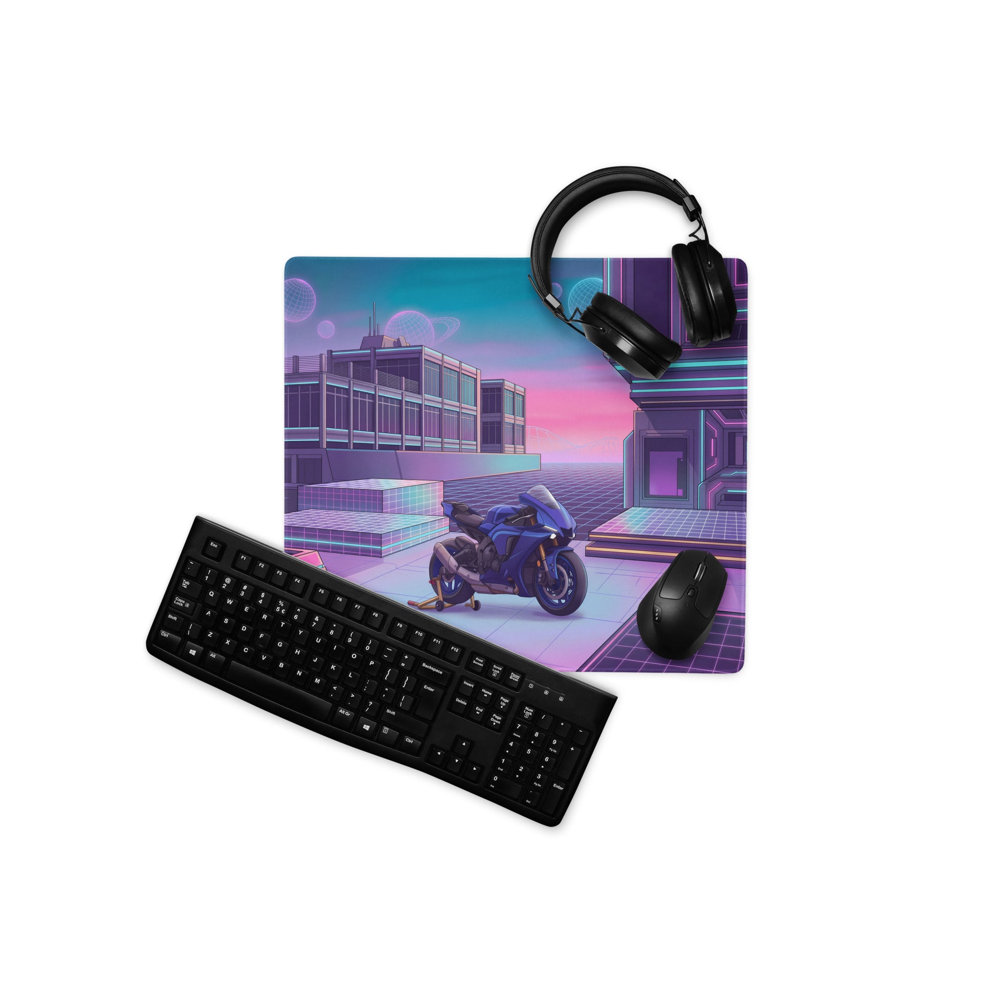 Yamaha YZF-R1 Inspired Blue Purple Vaporwave Gaming Mouse Pad – Neon Cyber City Desk Mat, Retro Futuristic Sportbike Digital Art