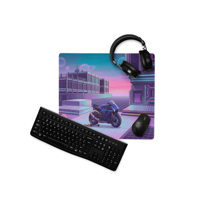 Yamaha YZF-R1 Inspired Blue Purple Vaporwave Gaming Mouse Pad – Neon Cyber City Desk Mat, Retro Futuristic Sportbike Digital Art