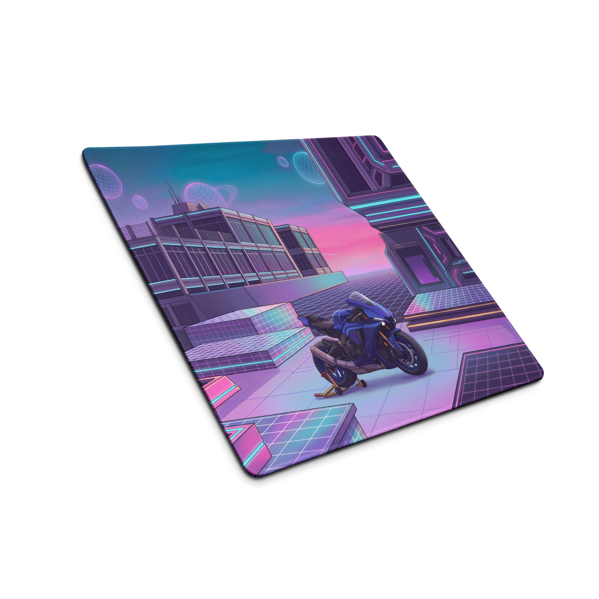 Yamaha YZF-R1 Inspired Blue Purple Vaporwave Gaming Mouse Pad – Neon Cyber City Desk Mat, Retro Futuristic Sportbike Digital Art