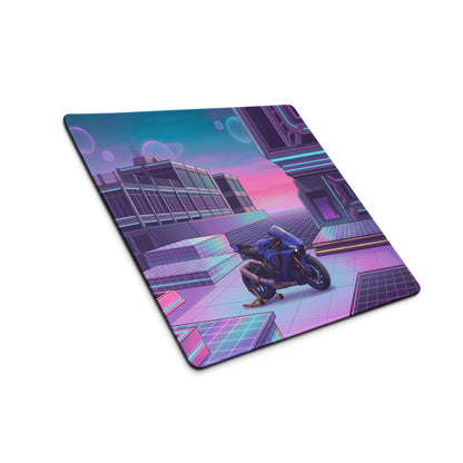 Yamaha YZF-R1 Inspired Blue Purple Vaporwave Gaming Mouse Pad – Neon Cyber City Desk Mat, Retro Futuristic Sportbike Digital Art