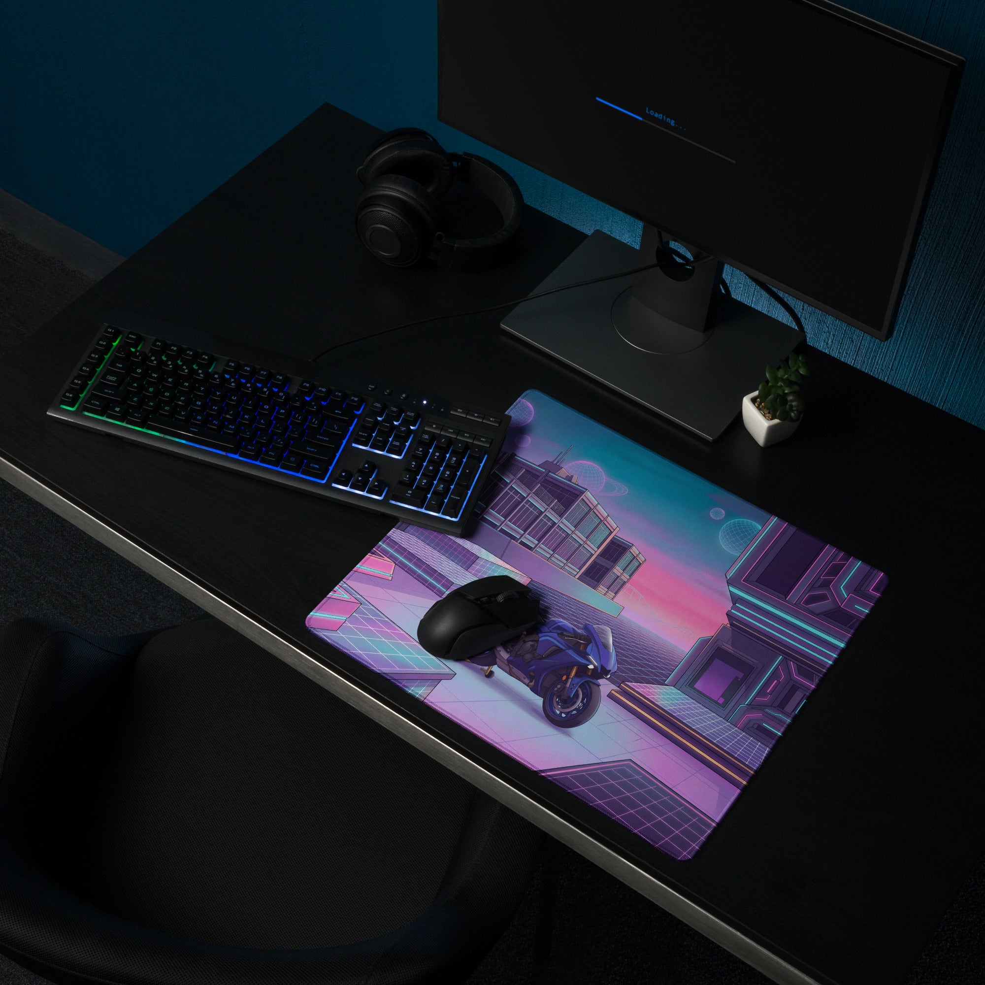 Yamaha YZF-R1 Inspired Blue Purple Vaporwave Gaming Mouse Pad – Neon Cyber City Desk Mat, Retro Futuristic Sportbike Digital Art