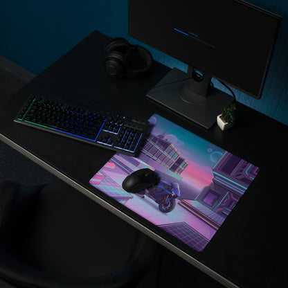 Yamaha YZF-R1 Inspired Blue Purple Vaporwave Gaming Mouse Pad – Neon Cyber City Desk Mat, Retro Futuristic Sportbike Digital Art