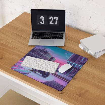 Yamaha YZF-R1 Inspired Blue Purple Vaporwave Gaming Mouse Pad – Neon Cyber City Desk Mat, Retro Futuristic Sportbike Digital Art