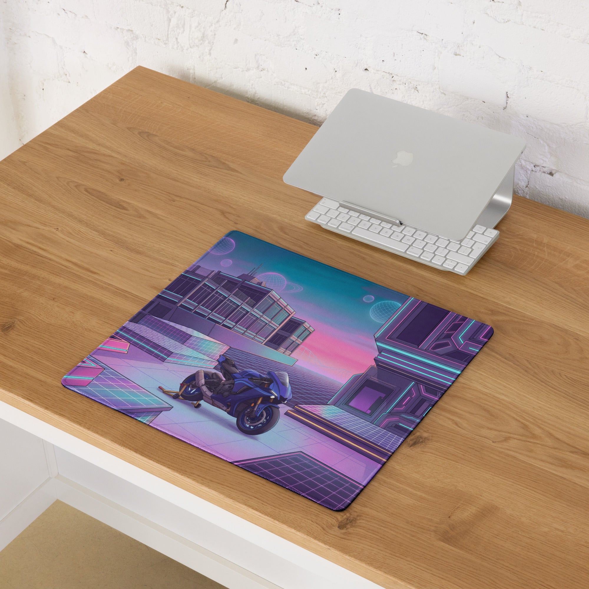 Yamaha YZF-R1 Inspired Blue Purple Vaporwave Gaming Mouse Pad – Neon Cyber City Desk Mat, Retro Futuristic Sportbike Digital Art