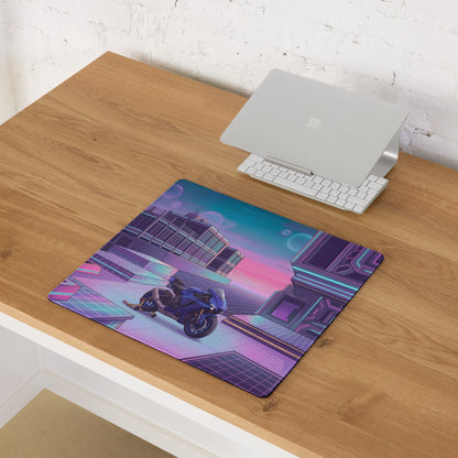 Yamaha YZF-R1 Inspired Blue Purple Vaporwave Gaming Mouse Pad – Neon Cyber City Desk Mat, Retro Futuristic Sportbike Digital Art