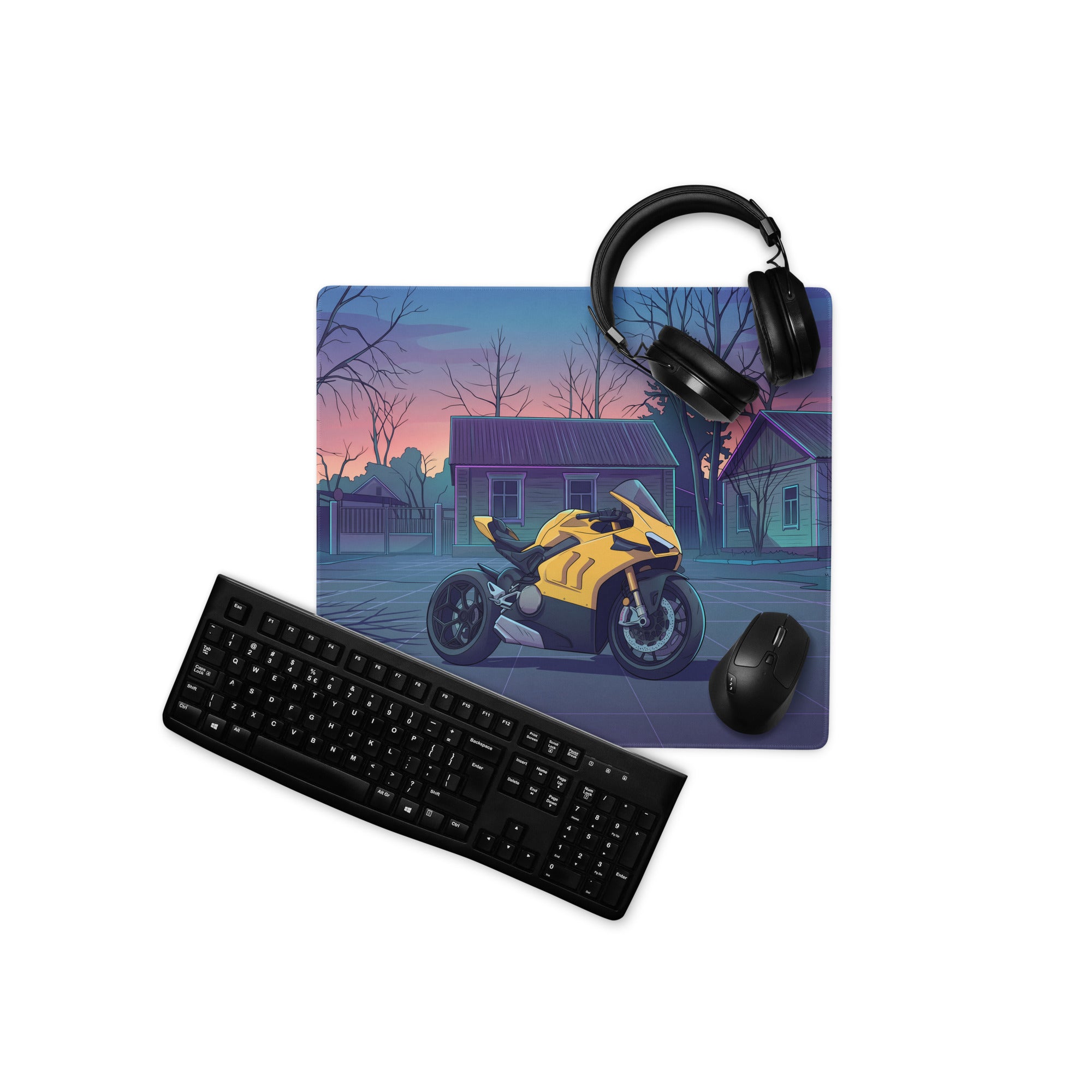 Ducati Panigale V4 Inspired Yellow Purple Vaporwave Gaming Mouse Pad – Twilight Suburban Street Desk Mat, Retro Futuristic Superbike Digital Art