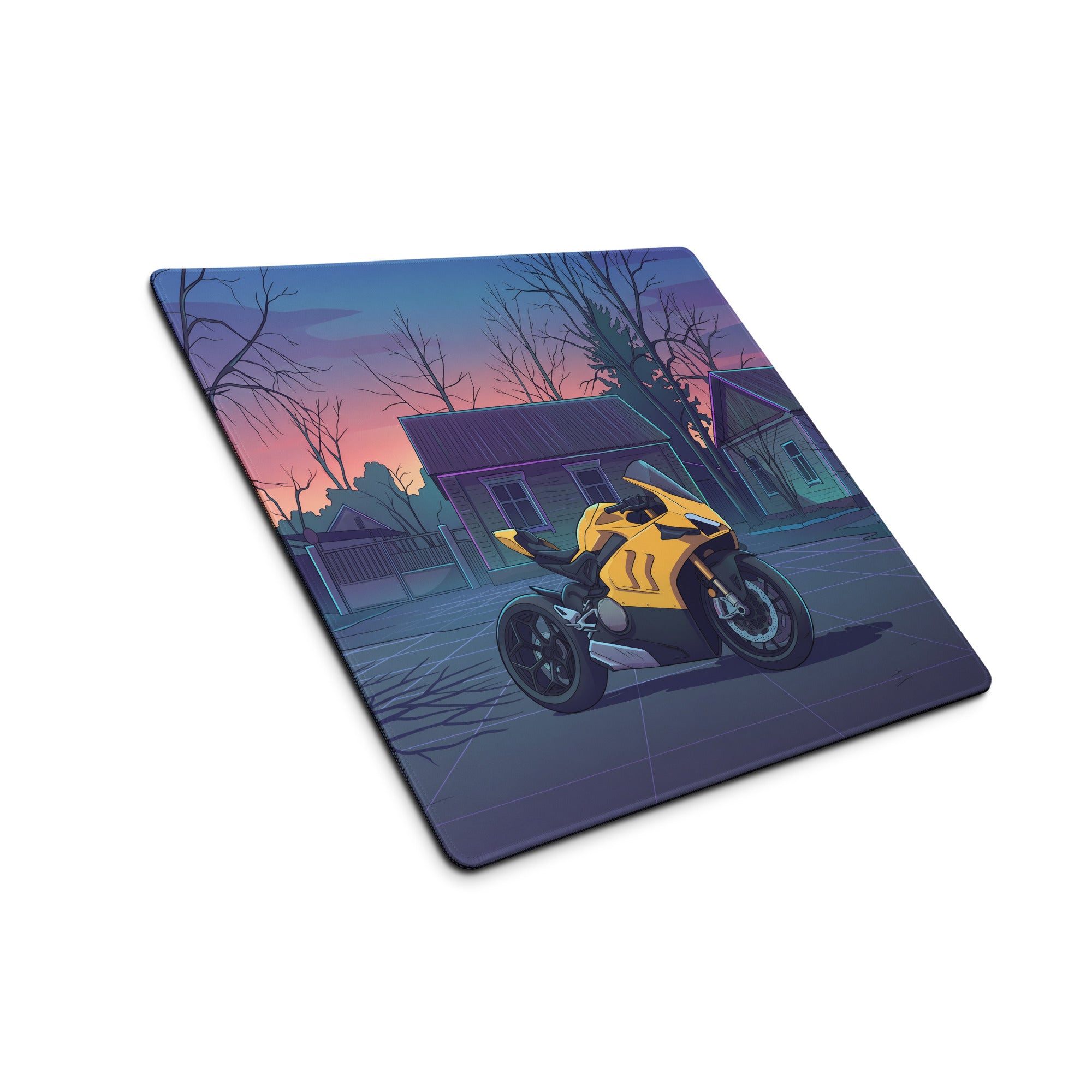 Ducati Panigale V4 Inspired Yellow Purple Vaporwave Gaming Mouse Pad – Twilight Suburban Street Desk Mat, Retro Futuristic Superbike Digital Art