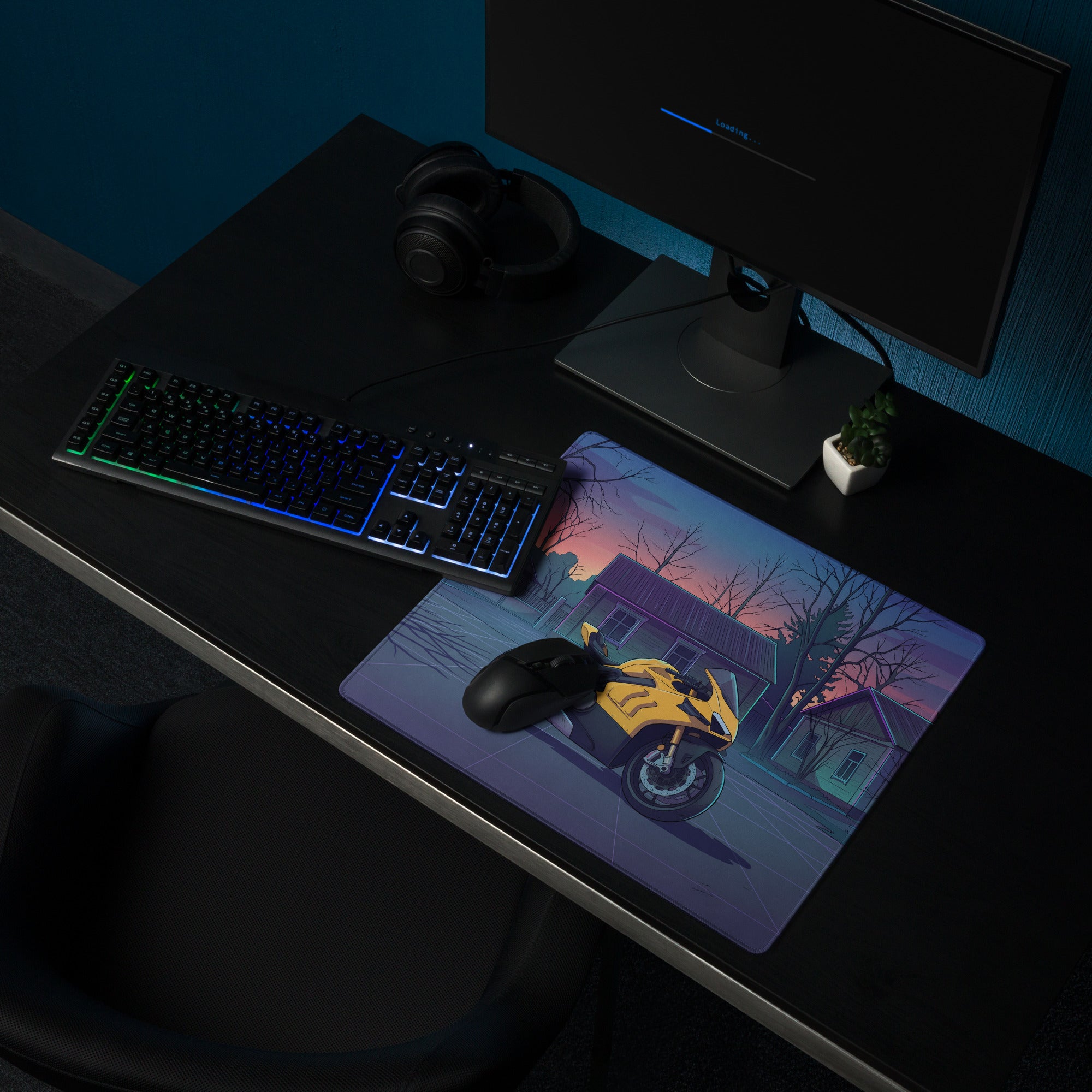 Ducati Panigale V4 Inspired Yellow Purple Vaporwave Gaming Mouse Pad – Twilight Suburban Street Desk Mat, Retro Futuristic Superbike Digital Art