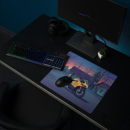 Ducati Panigale V4 Inspired Yellow Purple Vaporwave Gaming Mouse Pad – Twilight Suburban Street Desk Mat, Retro Futuristic Superbike Digital Art