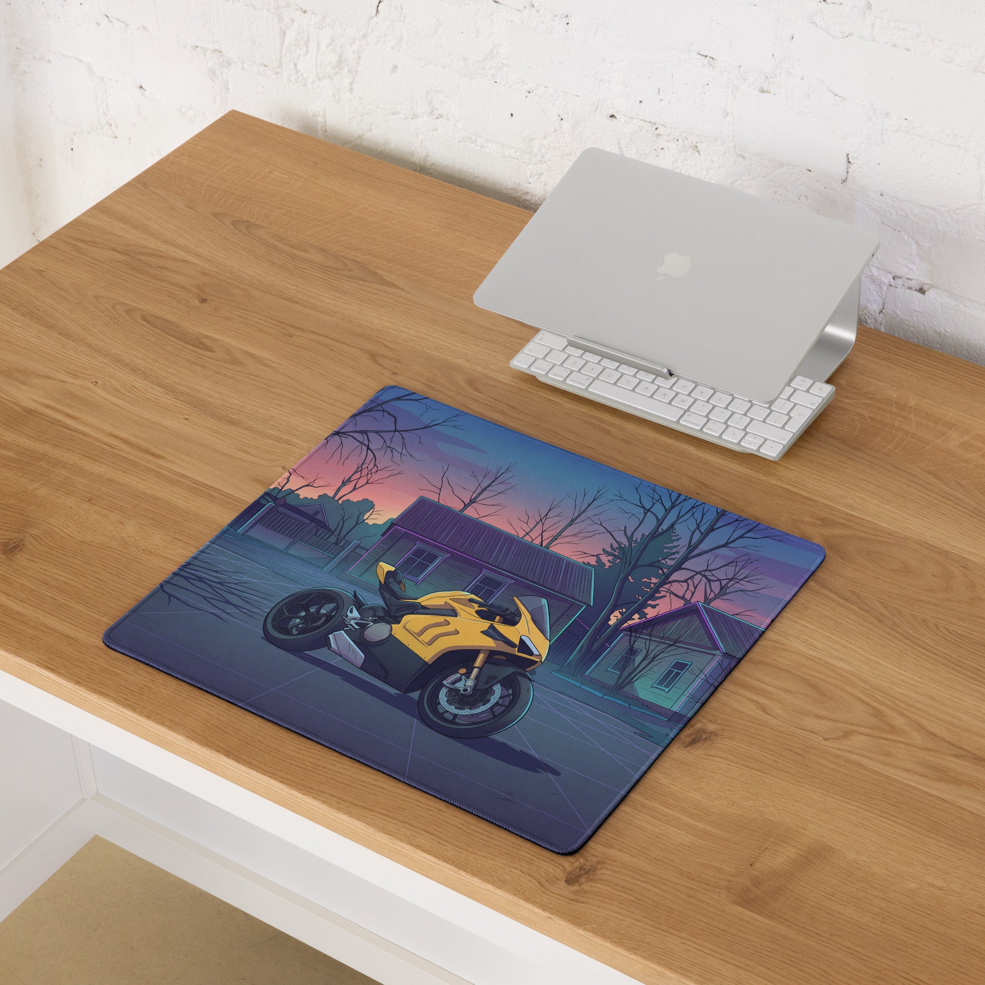 Ducati Panigale V4 Inspired Yellow Purple Vaporwave Gaming Mouse Pad – Twilight Suburban Street Desk Mat, Retro Futuristic Superbike Digital Art