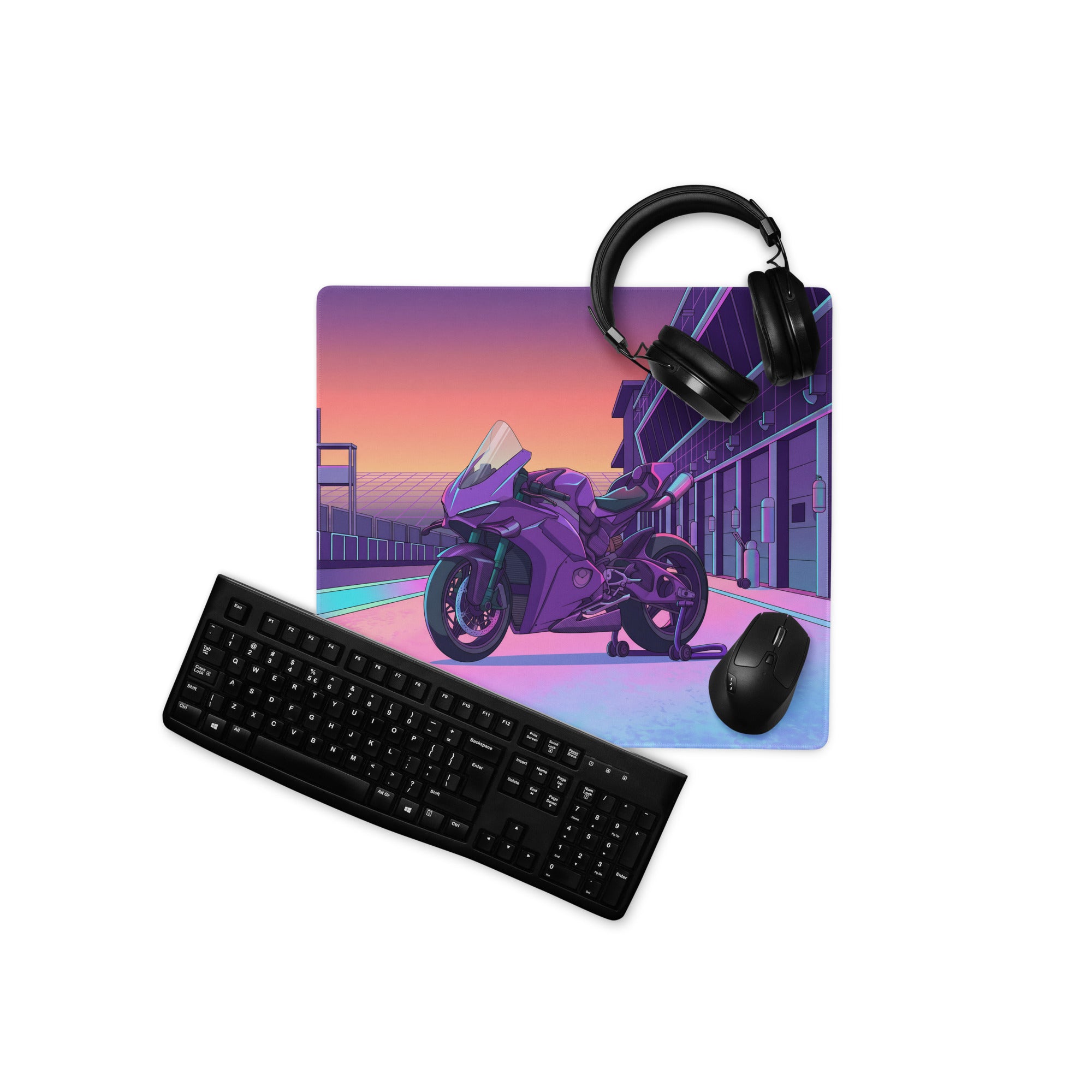 Ducati Panigale V4S Inspired Purple Pink Vaporwave Gaming Mouse Pad – Neon Pit Lane Desk Mat, Retro Futuristic Superbike Digital Art