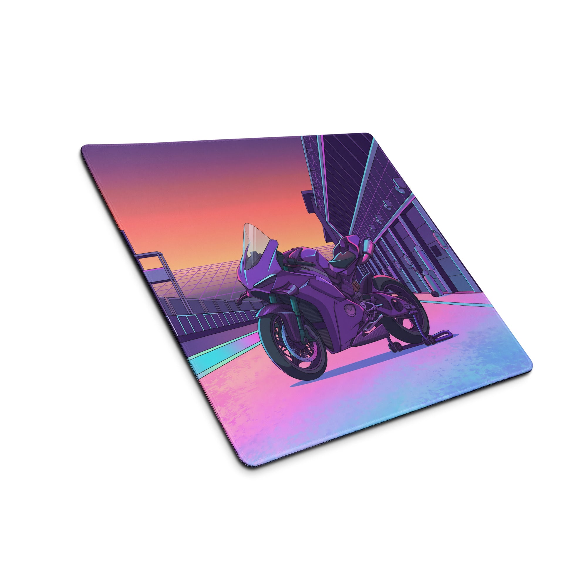 Ducati Panigale V4S Inspired Purple Pink Vaporwave Gaming Mouse Pad – Neon Pit Lane Desk Mat, Retro Futuristic Superbike Digital Art