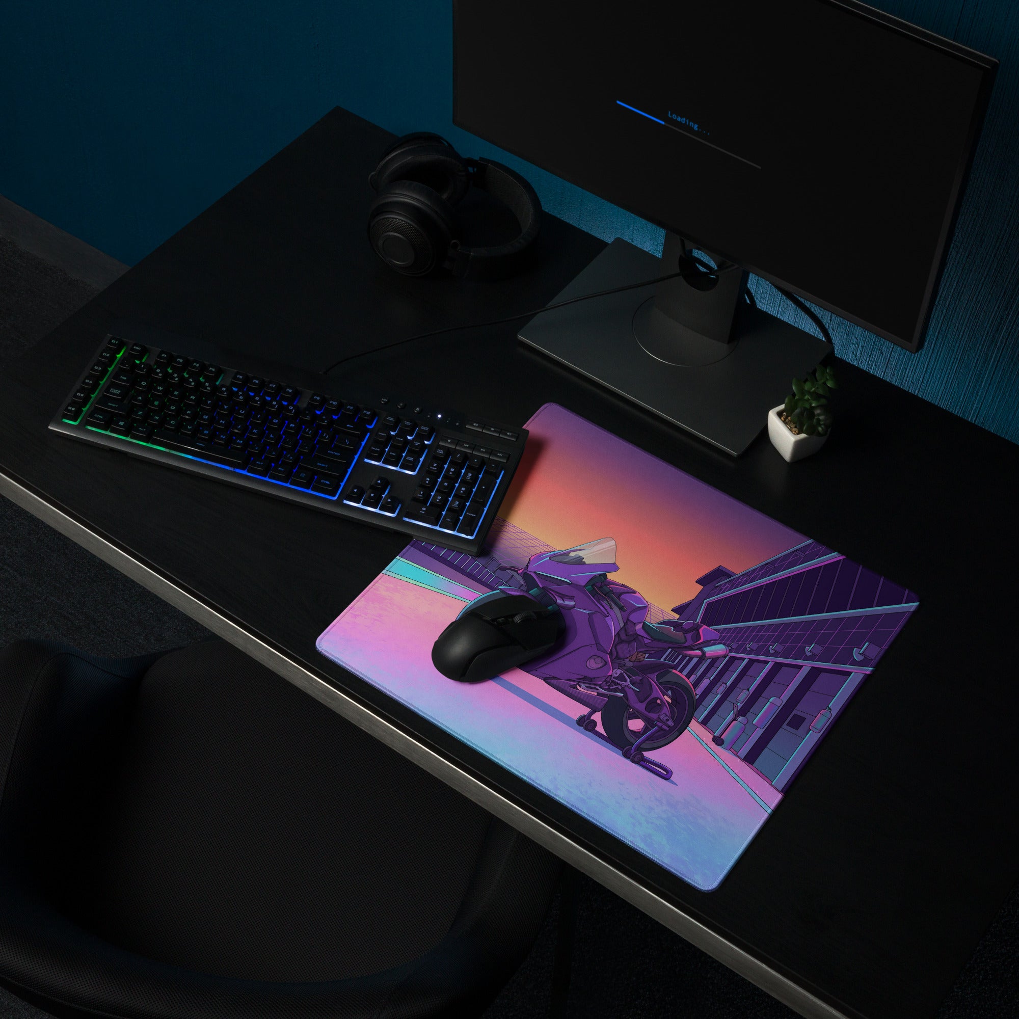Ducati Panigale V4S Inspired Purple Pink Vaporwave Gaming Mouse Pad – Neon Pit Lane Desk Mat, Retro Futuristic Superbike Digital Art