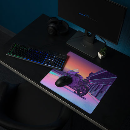 Ducati Panigale V4S Inspired Purple Pink Vaporwave Gaming Mouse Pad – Neon Pit Lane Desk Mat, Retro Futuristic Superbike Digital Art