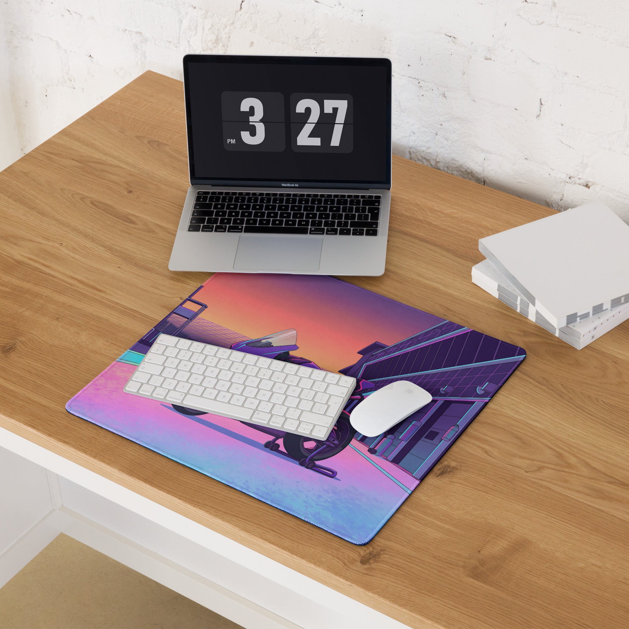 Ducati Panigale V4S Inspired Purple Pink Vaporwave Gaming Mouse Pad – Neon Pit Lane Desk Mat, Retro Futuristic Superbike Digital Art