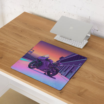 Ducati Panigale V4S Inspired Purple Pink Vaporwave Gaming Mouse Pad – Neon Pit Lane Desk Mat, Retro Futuristic Superbike Digital Art