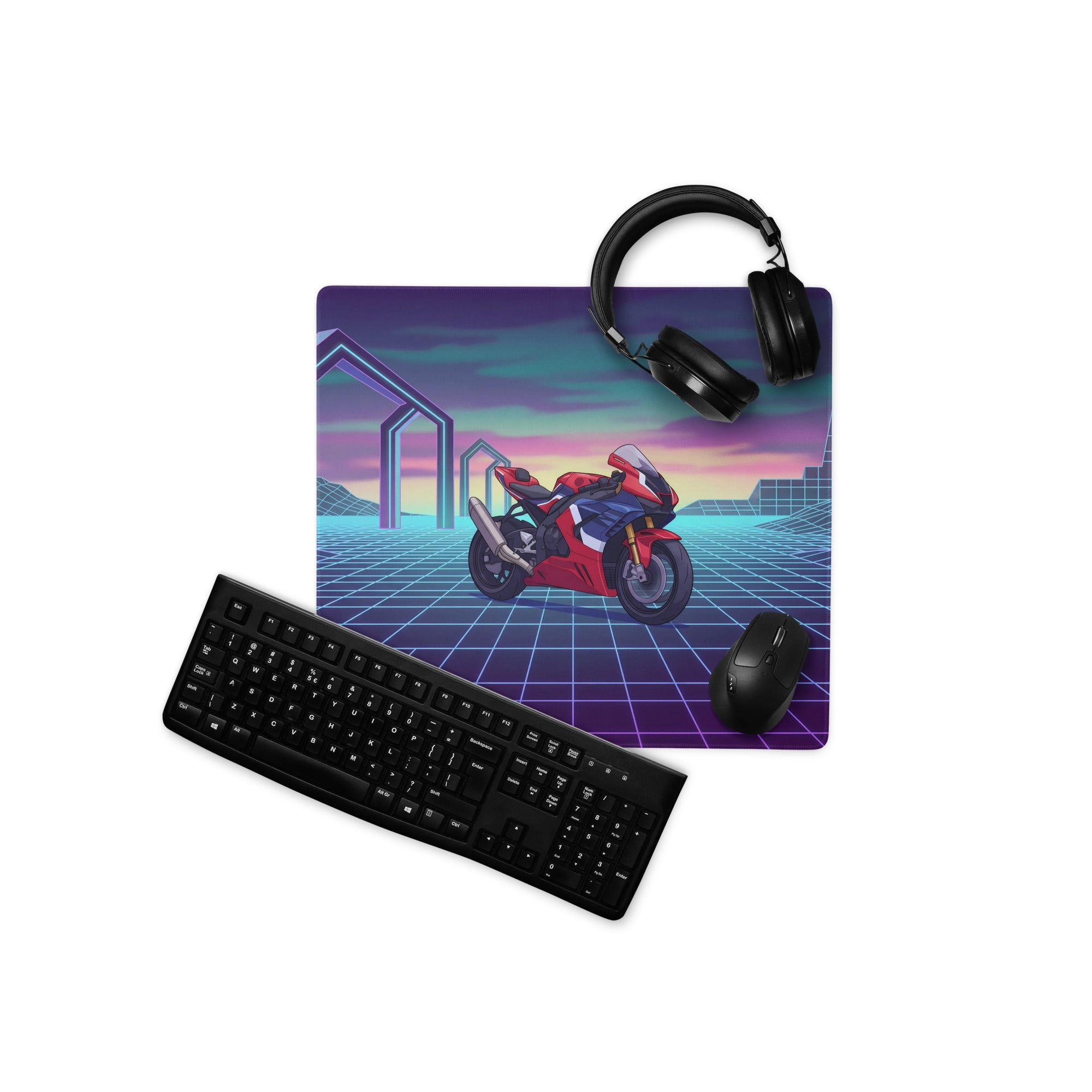 Honda CBR1000RR-R Fireblade Inspired Red Blue Vaporwave Gaming Mouse Pad – Neon Grid Sunset Desk Mat, Retro Futuristic Sportbike Digital Art