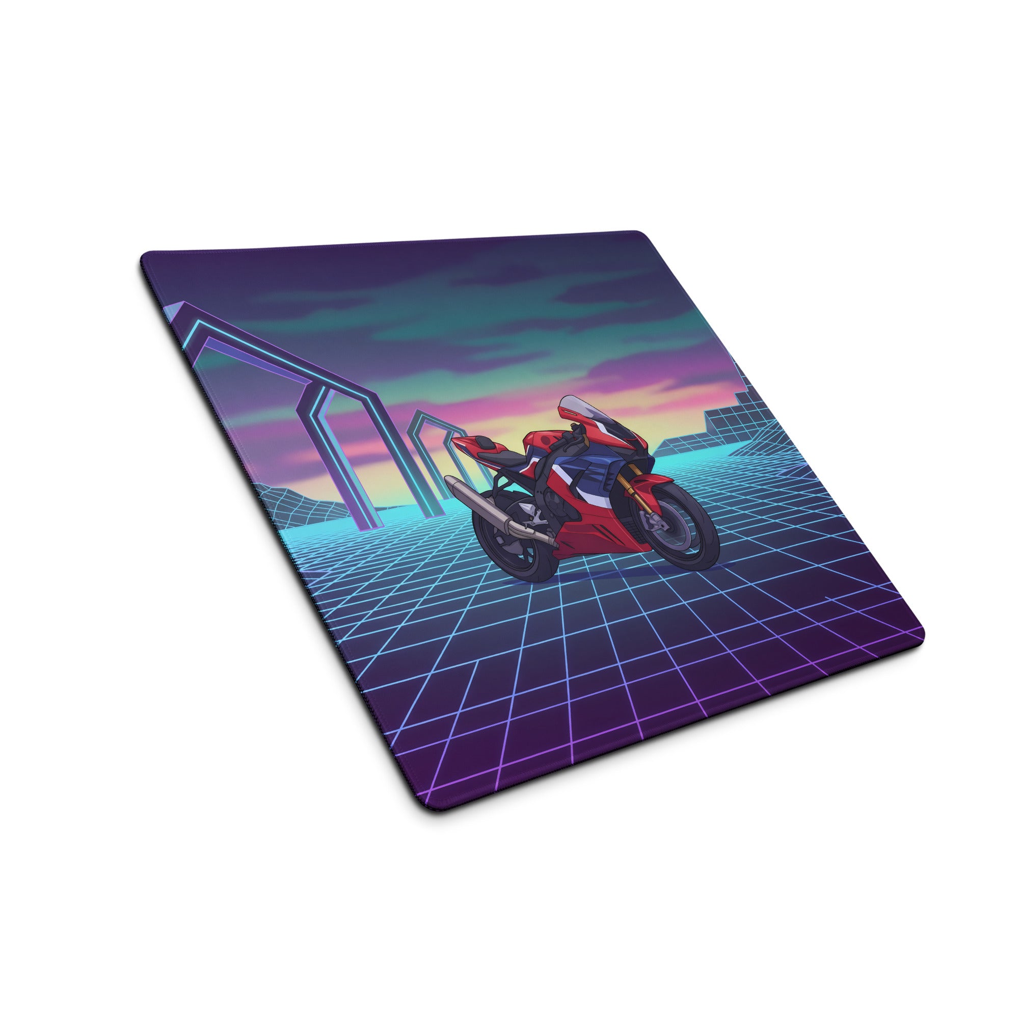Honda CBR1000RR-R Fireblade Inspired Red Blue Vaporwave Gaming Mouse Pad – Neon Grid Sunset Desk Mat, Retro Futuristic Sportbike Digital Art