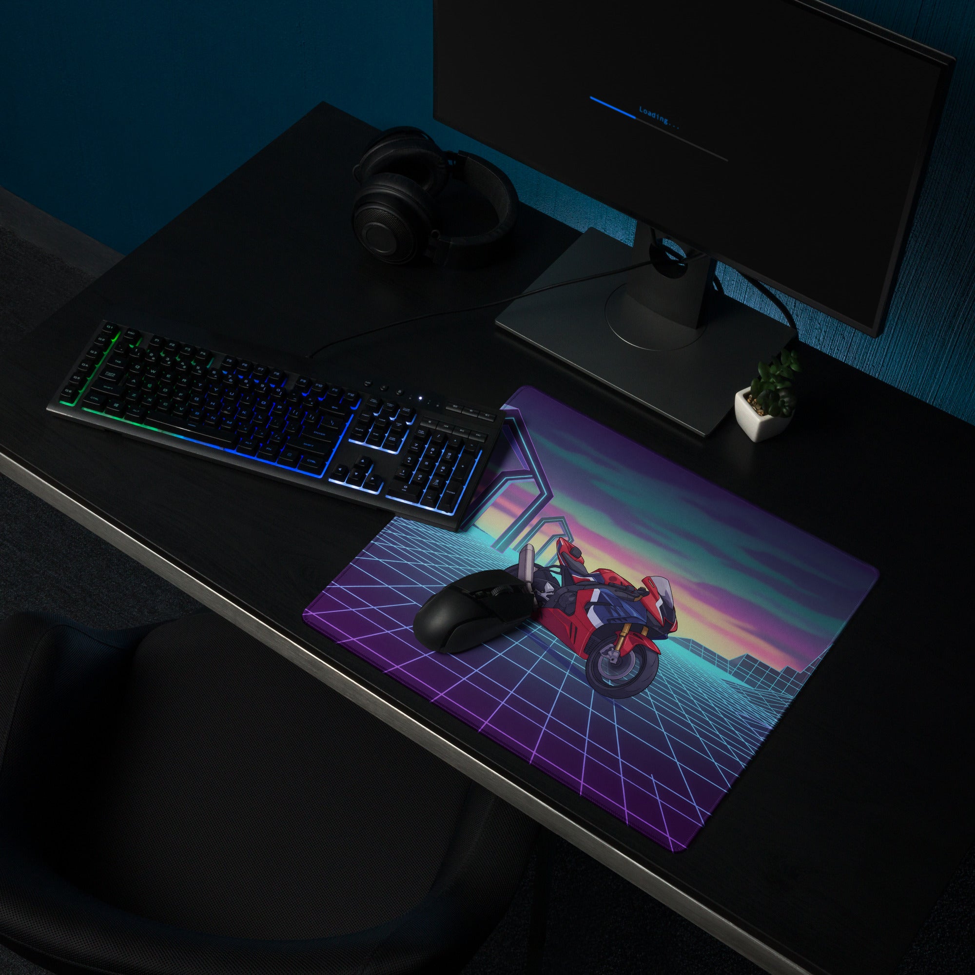 Honda CBR1000RR-R Fireblade Inspired Red Blue Vaporwave Gaming Mouse Pad – Neon Grid Sunset Desk Mat, Retro Futuristic Sportbike Digital Art