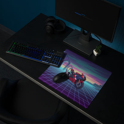 Honda CBR1000RR-R Fireblade Inspired Red Blue Vaporwave Gaming Mouse Pad – Neon Grid Sunset Desk Mat, Retro Futuristic Sportbike Digital Art