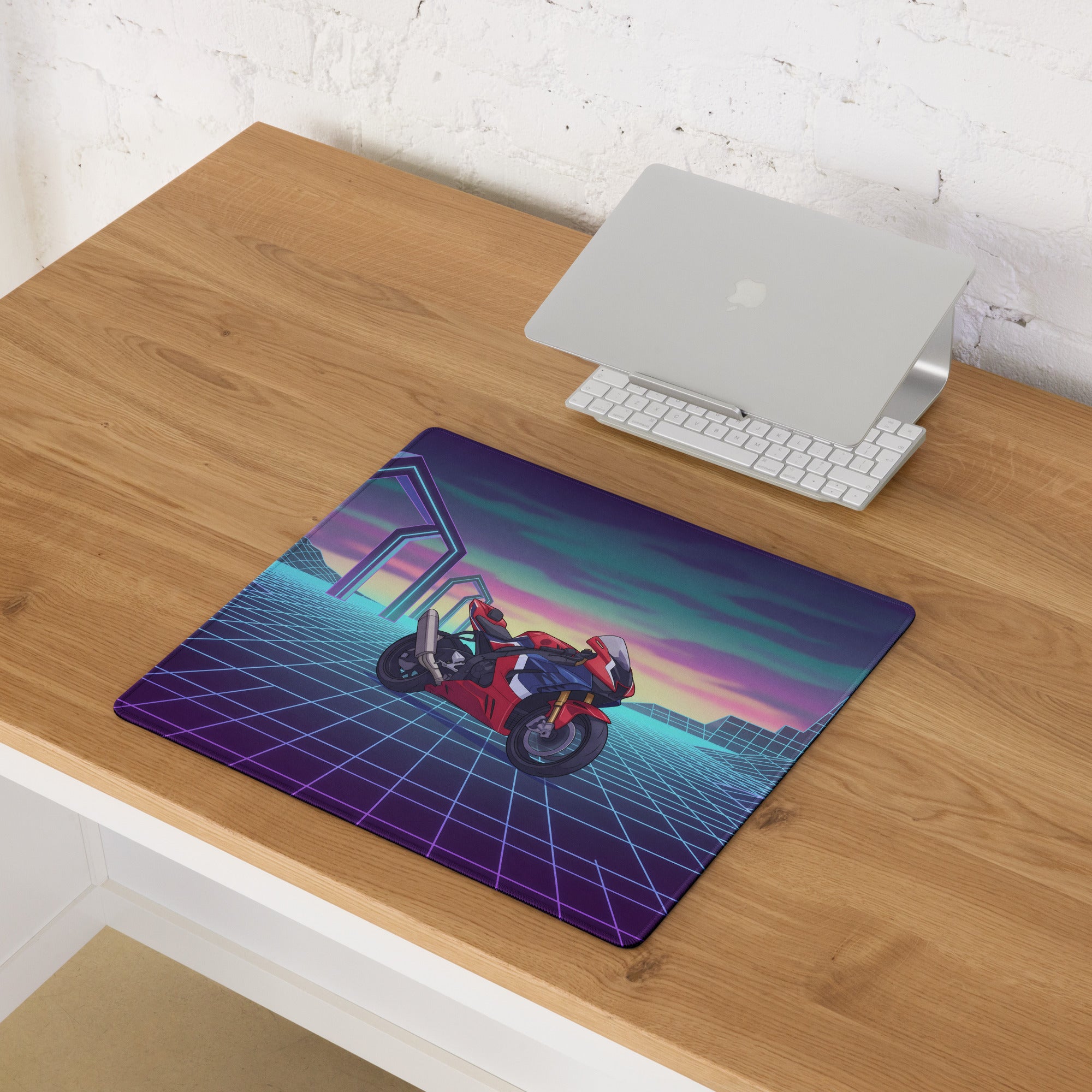 Honda CBR1000RR-R Fireblade Inspired Red Blue Vaporwave Gaming Mouse Pad – Neon Grid Sunset Desk Mat, Retro Futuristic Sportbike Digital Art