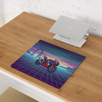 Honda CBR1000RR-R Fireblade Inspired Red Blue Vaporwave Gaming Mouse Pad – Neon Grid Sunset Desk Mat, Retro Futuristic Sportbike Digital Art