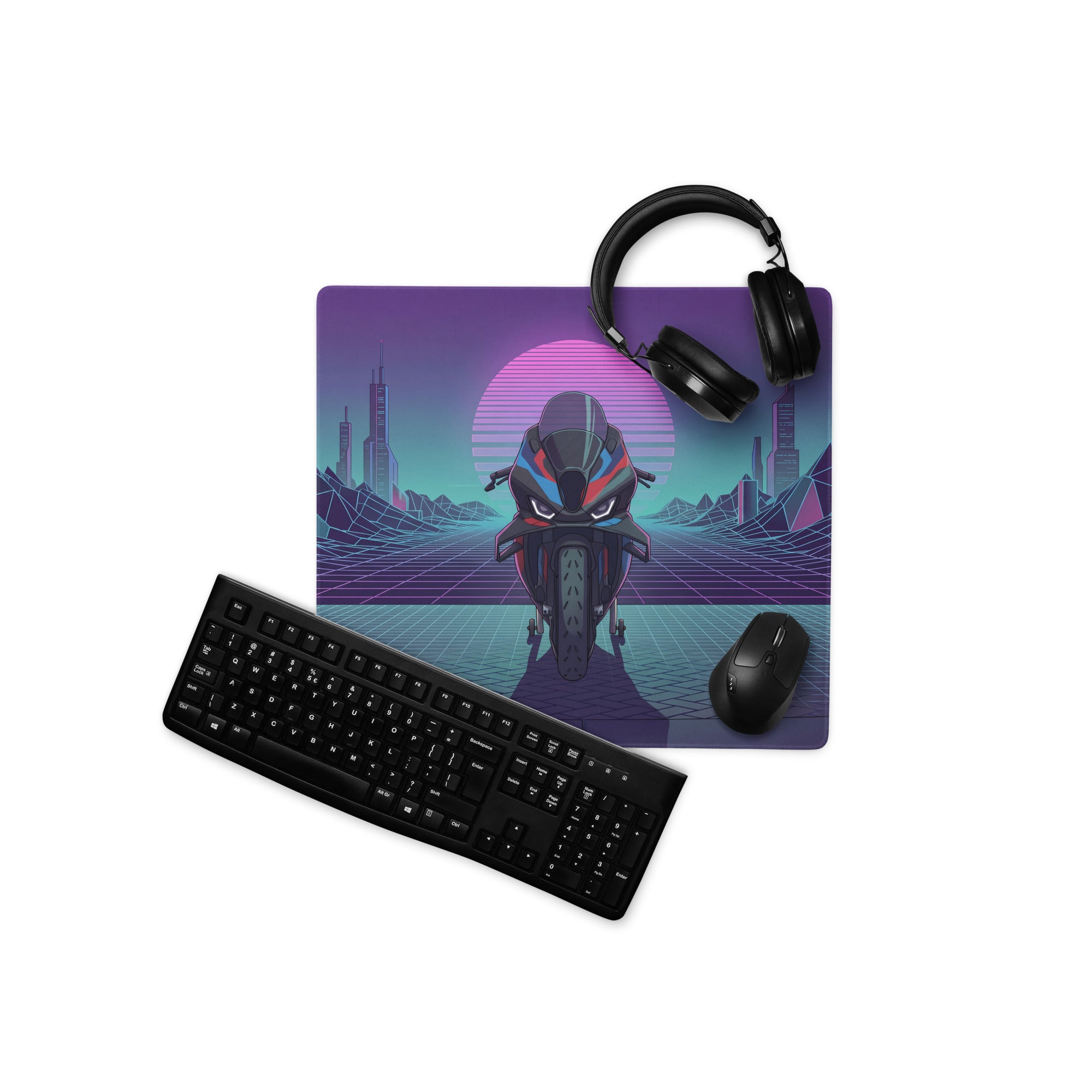 BMW M1000RR Inspired Blue Red Vaporwave Gaming Mouse Pad – Neon Cyber Grid Desk Mat, Retro Futuristic Superbike Digital Art