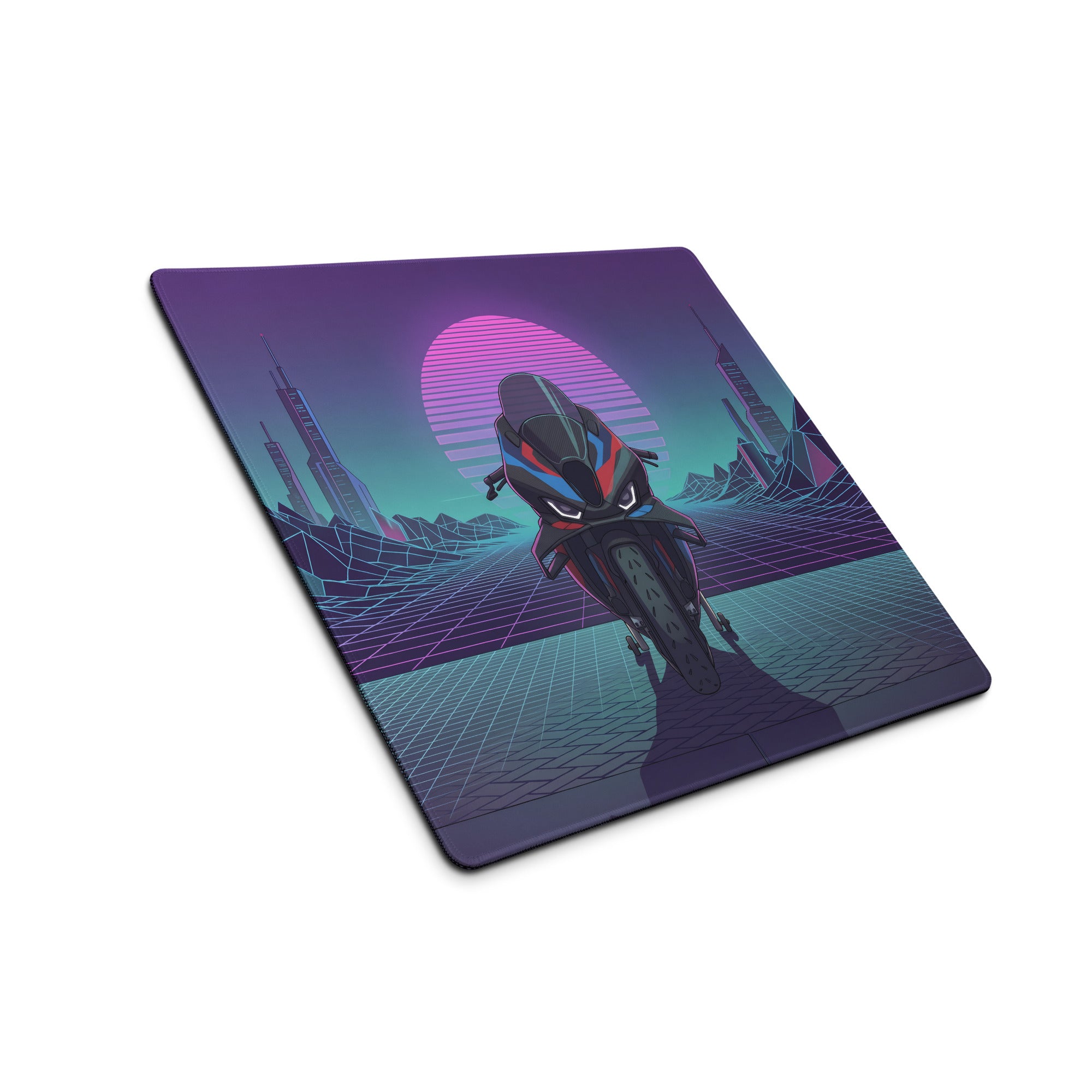 BMW M1000RR Inspired Blue Red Vaporwave Gaming Mouse Pad – Neon Cyber Grid Desk Mat, Retro Futuristic Superbike Digital Art