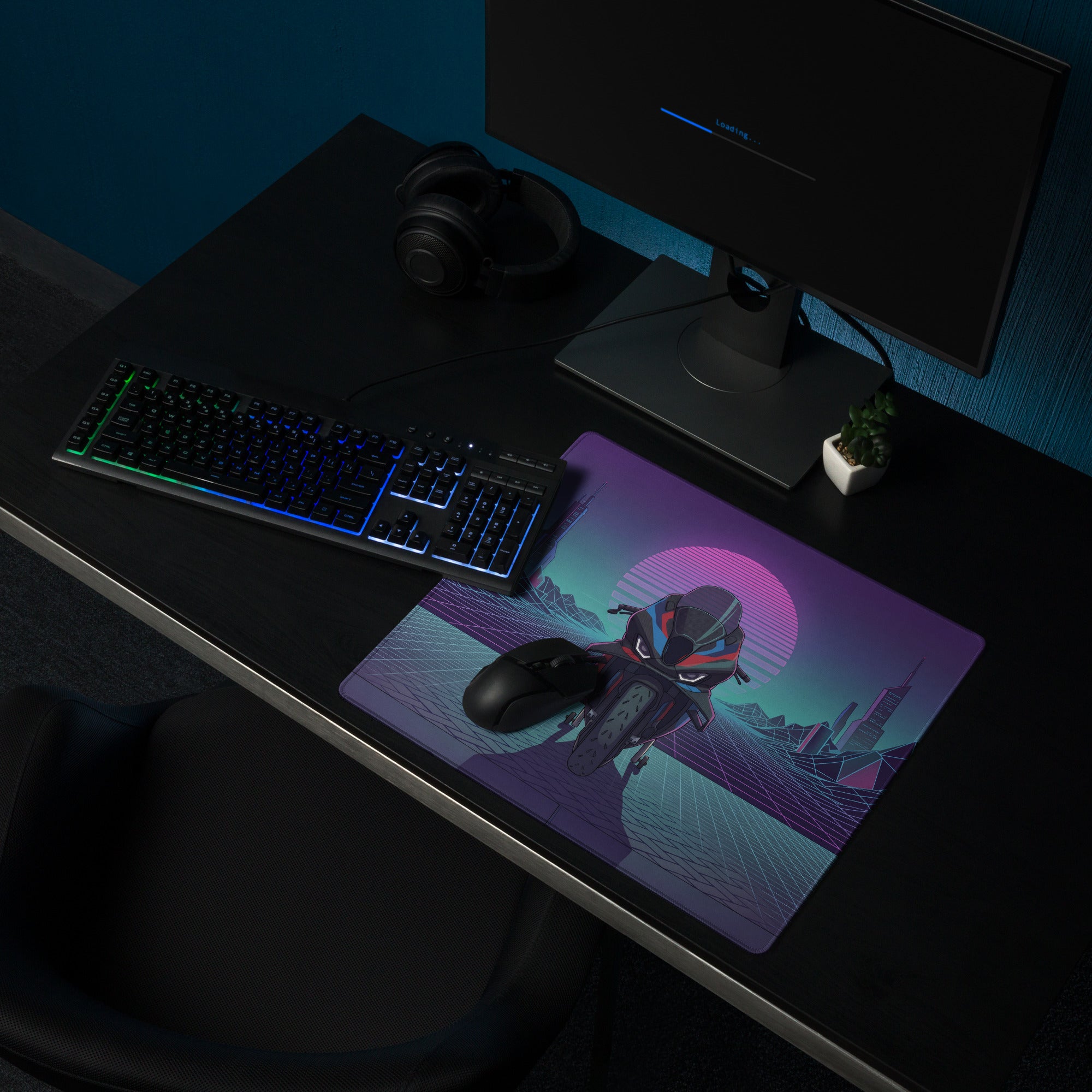 BMW M1000RR Inspired Blue Red Vaporwave Gaming Mouse Pad – Neon Cyber Grid Desk Mat, Retro Futuristic Superbike Digital Art