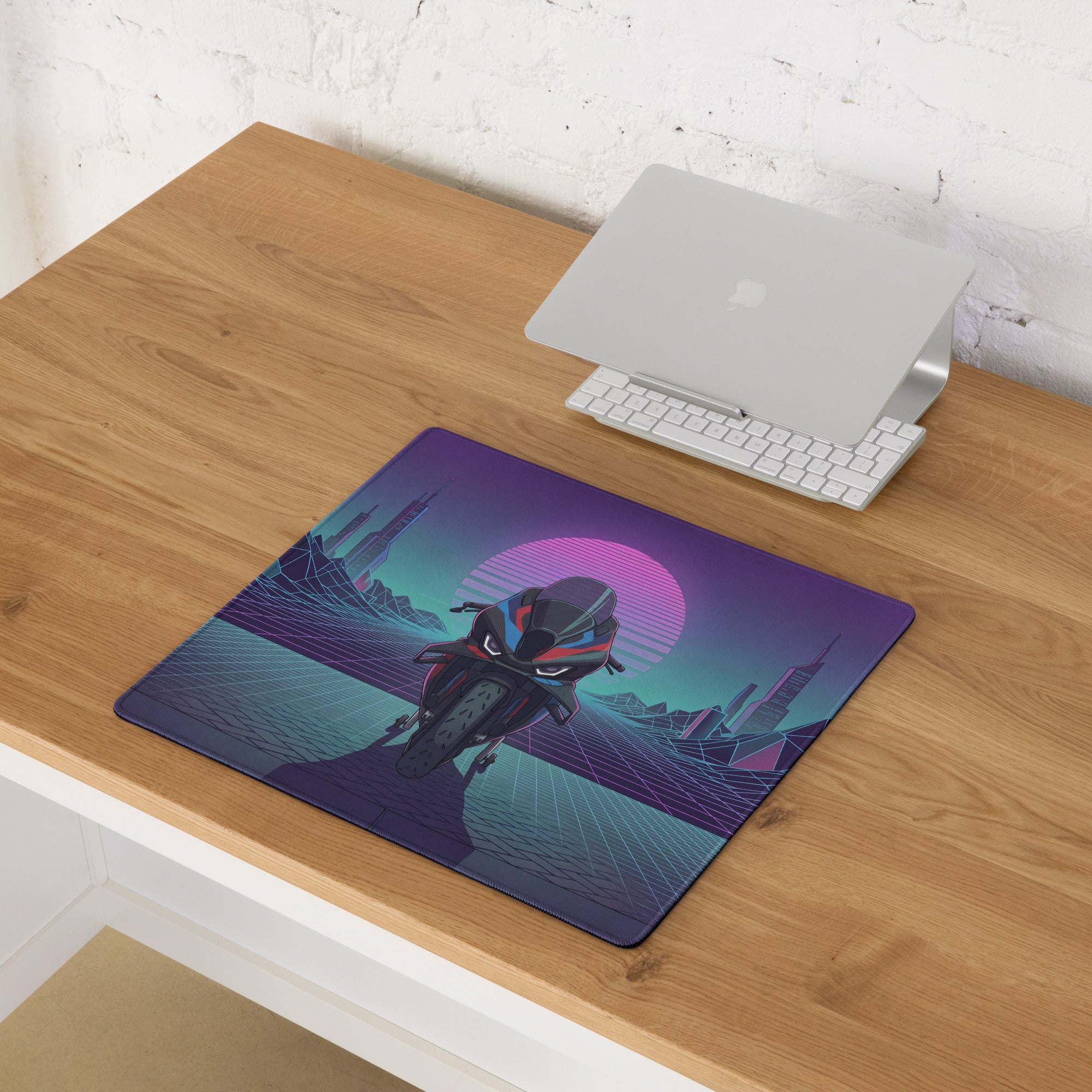 BMW M1000RR Inspired Blue Red Vaporwave Gaming Mouse Pad – Neon Cyber Grid Desk Mat, Retro Futuristic Superbike Digital Art