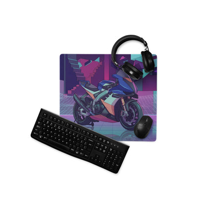 Aprilia RSV4 Xtrenta Inspired Blue Teal Vaporwave Gaming Mouse Pad – Neon Purple Cyber Garage Desk Mat, Retro Futuristic Geometric Motorcycle Digital Art