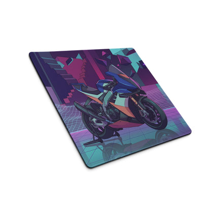 Aprilia RSV4 Xtrenta Inspired Blue Teal Vaporwave Gaming Mouse Pad – Neon Purple Cyber Garage Desk Mat, Retro Futuristic Geometric Motorcycle Digital Art