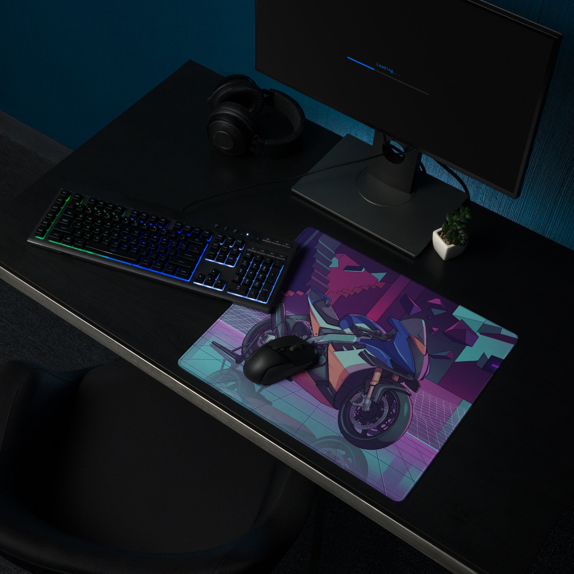 Aprilia RSV4 Xtrenta Inspired Blue Teal Vaporwave Gaming Mouse Pad – Neon Purple Cyber Garage Desk Mat, Retro Futuristic Geometric Motorcycle Digital Art