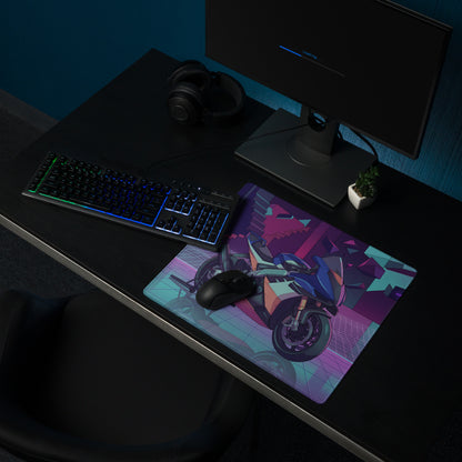 Aprilia RSV4 Xtrenta Inspired Blue Teal Vaporwave Gaming Mouse Pad – Neon Purple Cyber Garage Desk Mat, Retro Futuristic Geometric Motorcycle Digital Art