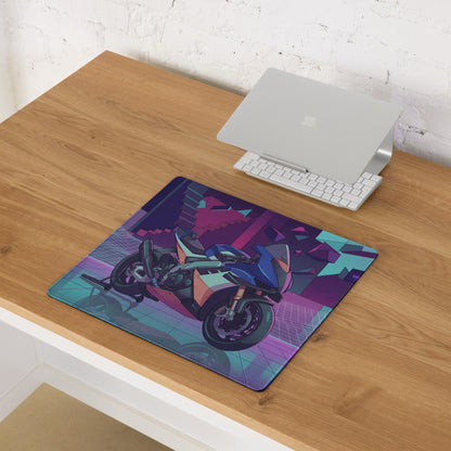 Aprilia RSV4 Xtrenta Inspired Blue Teal Vaporwave Gaming Mouse Pad – Neon Purple Cyber Garage Desk Mat, Retro Futuristic Geometric Motorcycle Digital Art
