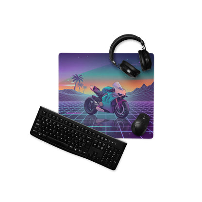 Ducati Panigale V4 Inspired Teal Purple Vaporwave Gaming Mouse Pad – Neon Sunset Grid Desk Mat, Retro Futuristic Palm Tree Motorcycle Digital Art