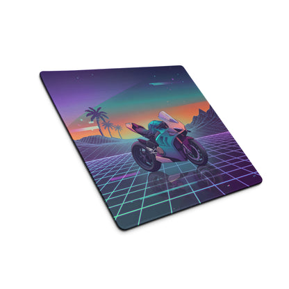 Ducati Panigale V4 Inspired Teal Purple Vaporwave Gaming Mouse Pad – Neon Sunset Grid Desk Mat, Retro Futuristic Palm Tree Motorcycle Digital Art