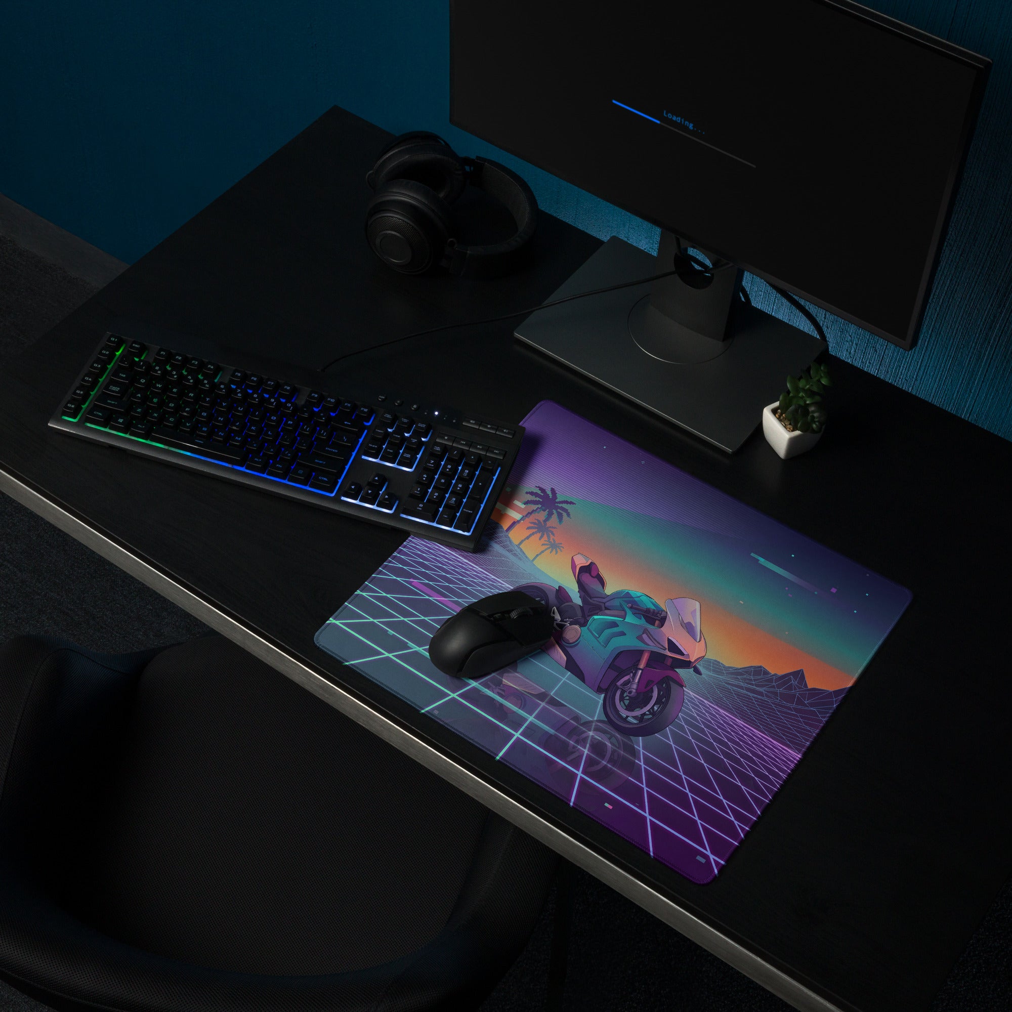 Ducati Panigale V4 Inspired Teal Purple Vaporwave Gaming Mouse Pad – Neon Sunset Grid Desk Mat, Retro Futuristic Palm Tree Motorcycle Digital Art