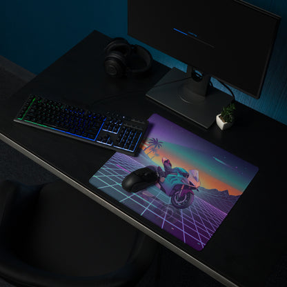 Ducati Panigale V4 Inspired Teal Purple Vaporwave Gaming Mouse Pad – Neon Sunset Grid Desk Mat, Retro Futuristic Palm Tree Motorcycle Digital Art