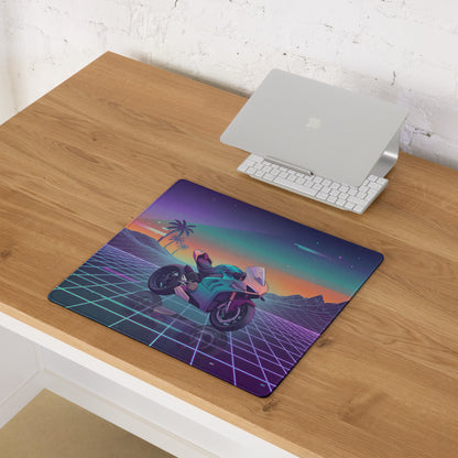 Ducati Panigale V4 Inspired Teal Purple Vaporwave Gaming Mouse Pad – Neon Sunset Grid Desk Mat, Retro Futuristic Palm Tree Motorcycle Digital Art