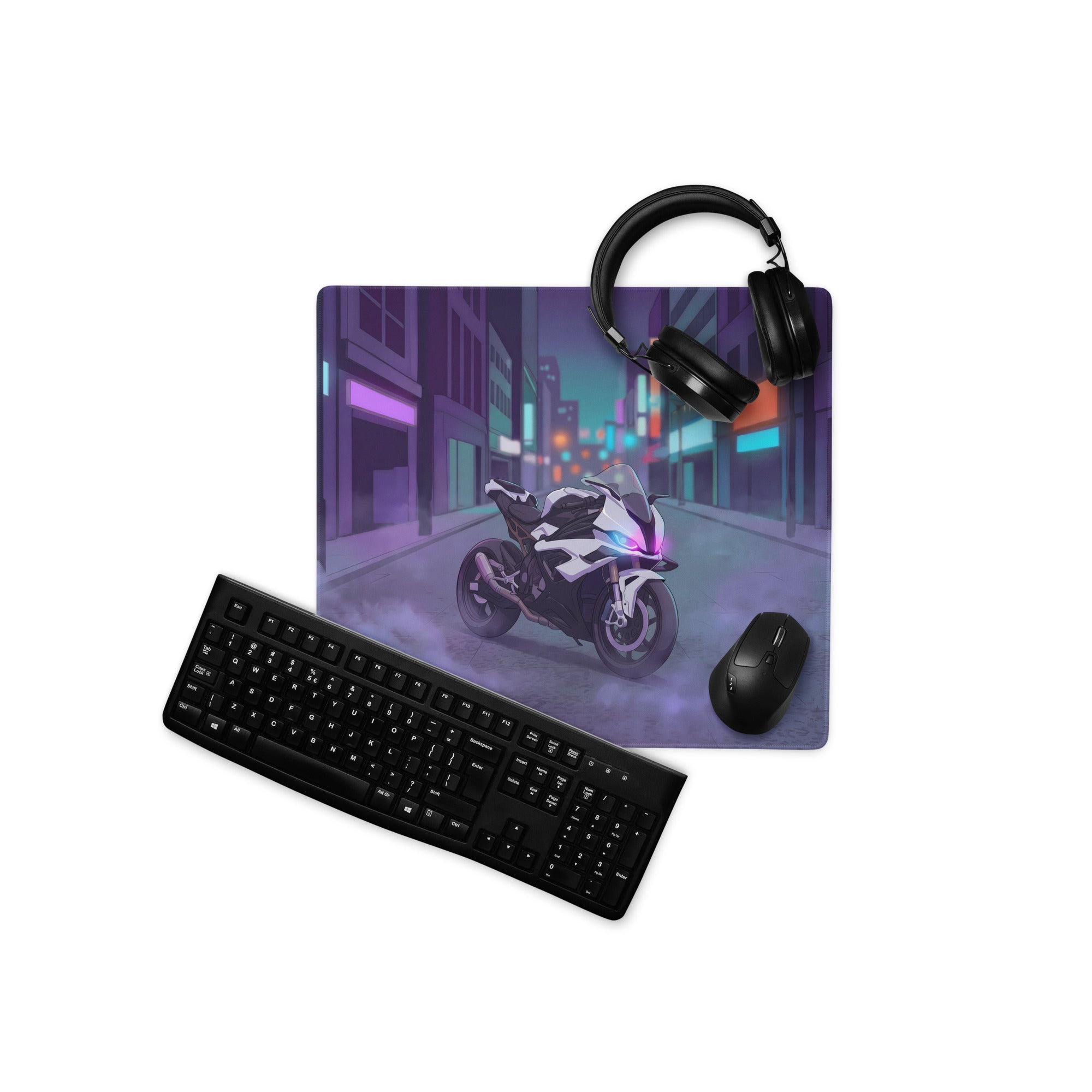 BMW S1000RR Inspired White Purple Vaporwave Gaming Mouse Pad – Neon Cyber City Desk Mat, Moody Futuristic Street Motorcycle Digital Art