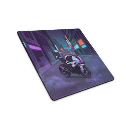 BMW S1000RR Inspired White Purple Vaporwave Gaming Mouse Pad – Neon Cyber City Desk Mat, Moody Futuristic Street Motorcycle Digital Art