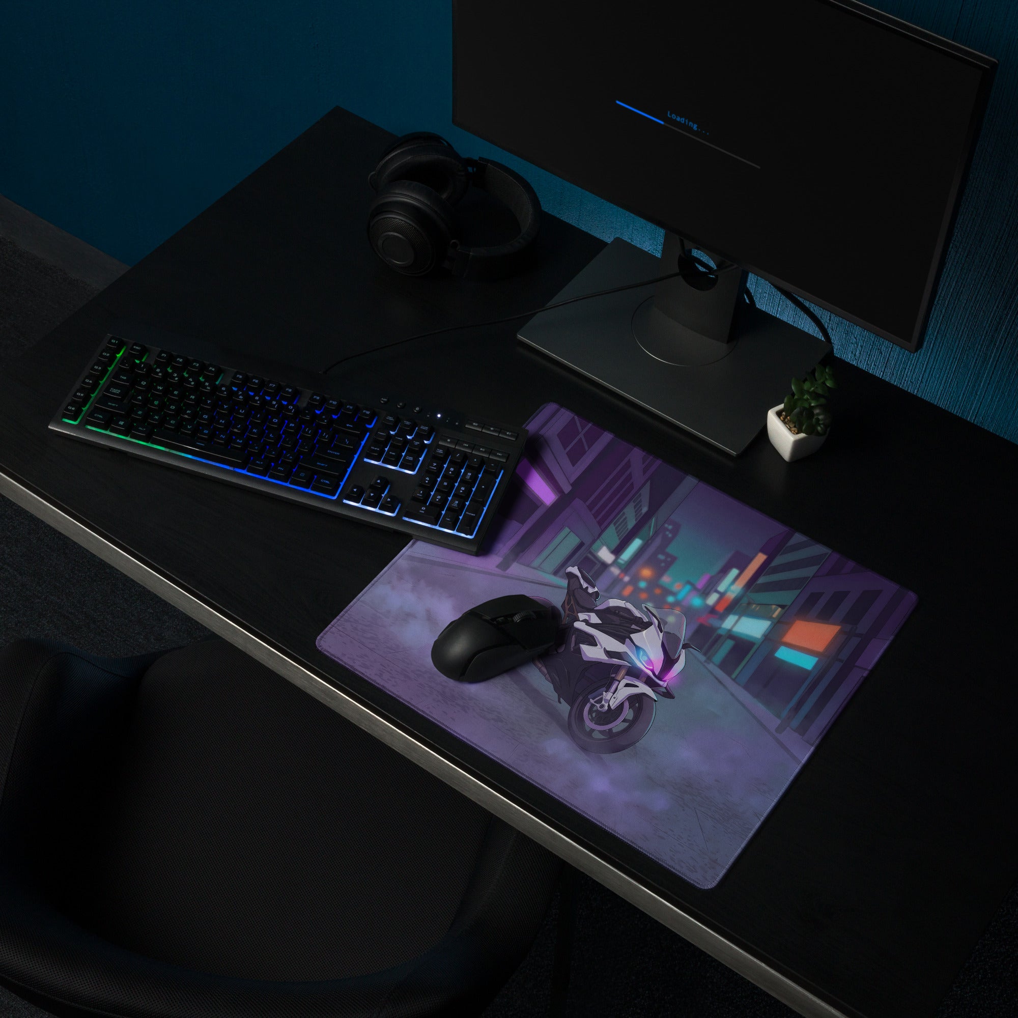 BMW S1000RR Inspired White Purple Vaporwave Gaming Mouse Pad – Neon Cyber City Desk Mat, Moody Futuristic Street Motorcycle Digital Art