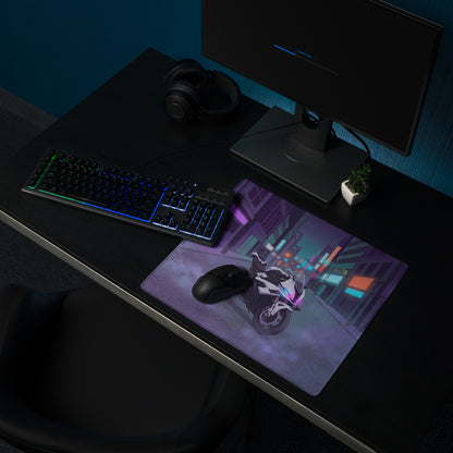 BMW S1000RR Inspired White Purple Vaporwave Gaming Mouse Pad – Neon Cyber City Desk Mat, Moody Futuristic Street Motorcycle Digital Art