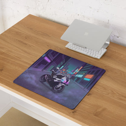 BMW S1000RR Inspired White Purple Vaporwave Gaming Mouse Pad – Neon Cyber City Desk Mat, Moody Futuristic Street Motorcycle Digital Art