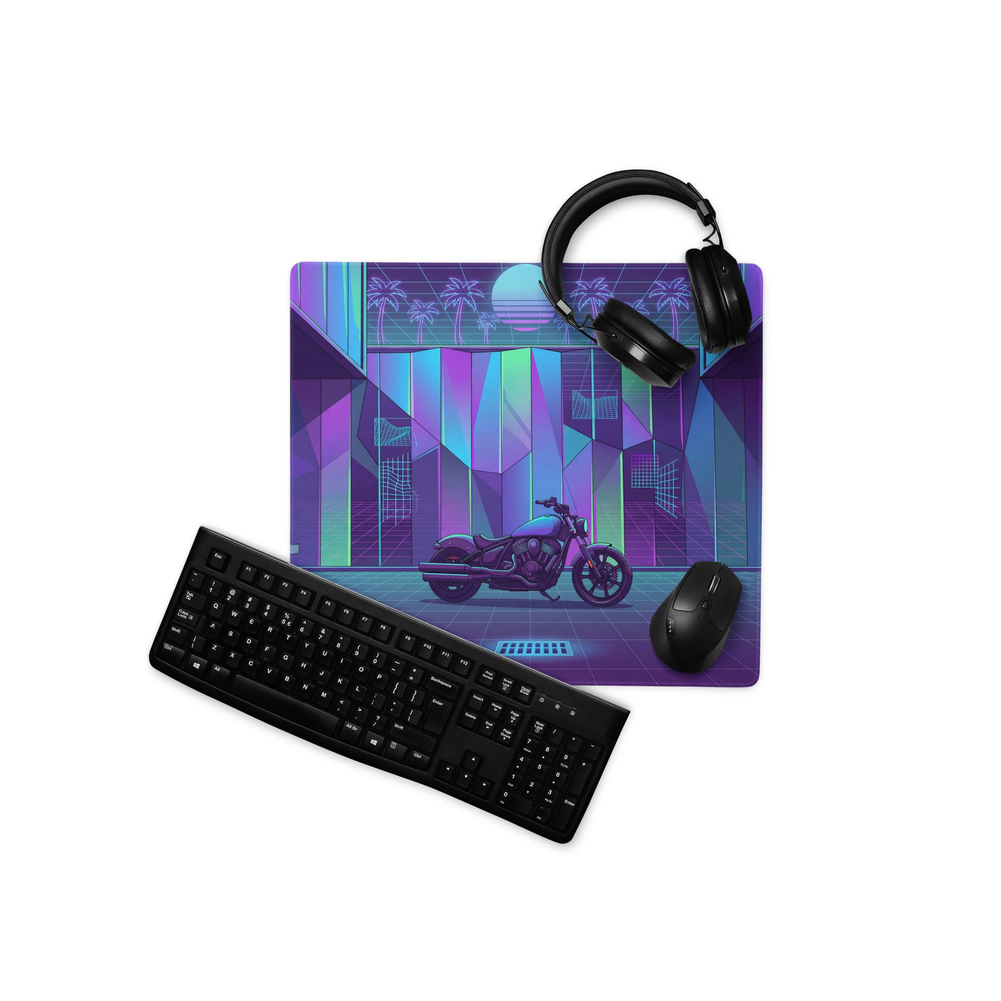 Indian Scout Bobber Inspired Purple Teal Vaporwave Gaming Mouse Pad – Neon Retro Arcade Garage Desk Mat, Futuristic Cruiser Motorcycle Digital Art