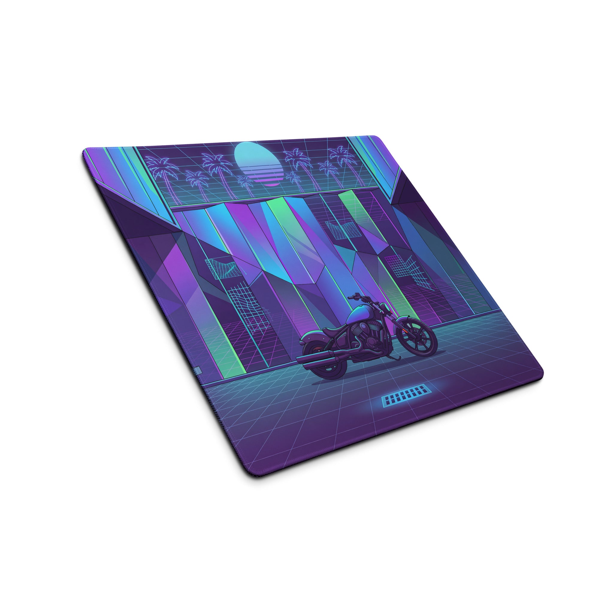 Indian Scout Bobber Inspired Purple Teal Vaporwave Gaming Mouse Pad – Neon Retro Arcade Garage Desk Mat, Futuristic Cruiser Motorcycle Digital Art