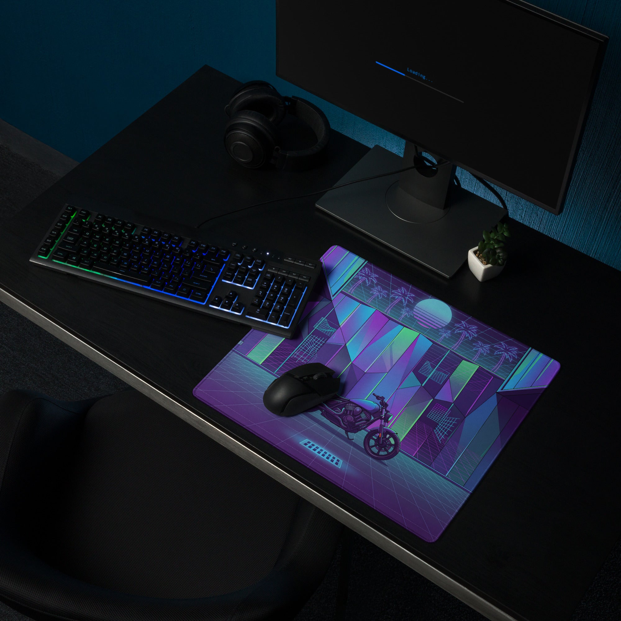 Indian Scout Bobber Inspired Purple Teal Vaporwave Gaming Mouse Pad – Neon Retro Arcade Garage Desk Mat, Futuristic Cruiser Motorcycle Digital Art