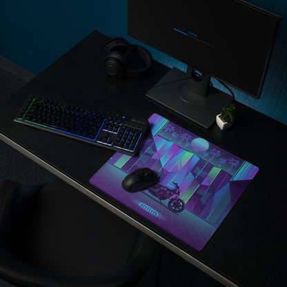 Indian Scout Bobber Inspired Purple Teal Vaporwave Gaming Mouse Pad – Neon Retro Arcade Garage Desk Mat, Futuristic Cruiser Motorcycle Digital Art